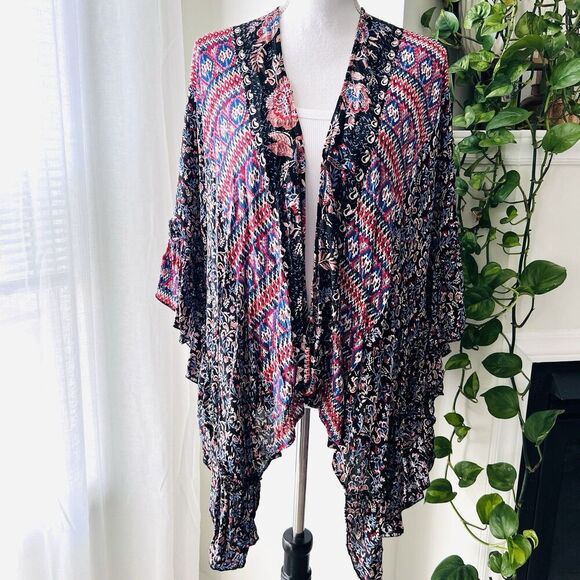 Angie Colorful Mixed Floral Print Ruffly Boho Super Soft Open Kimono Size Medium - Picture 1 of 8